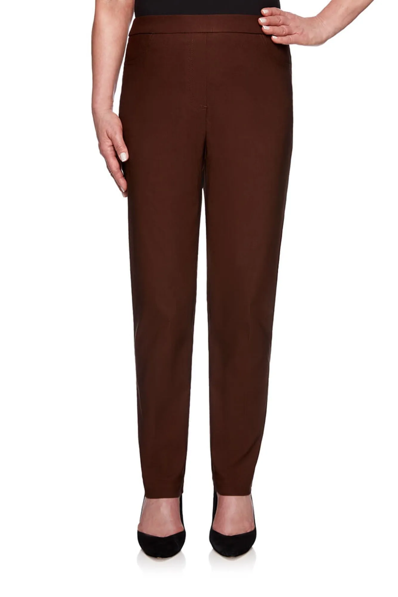 Alfred Dunner Women's Classics Tummy Control Pull On Straight Leg Pants Short Brown Size 8 Petite