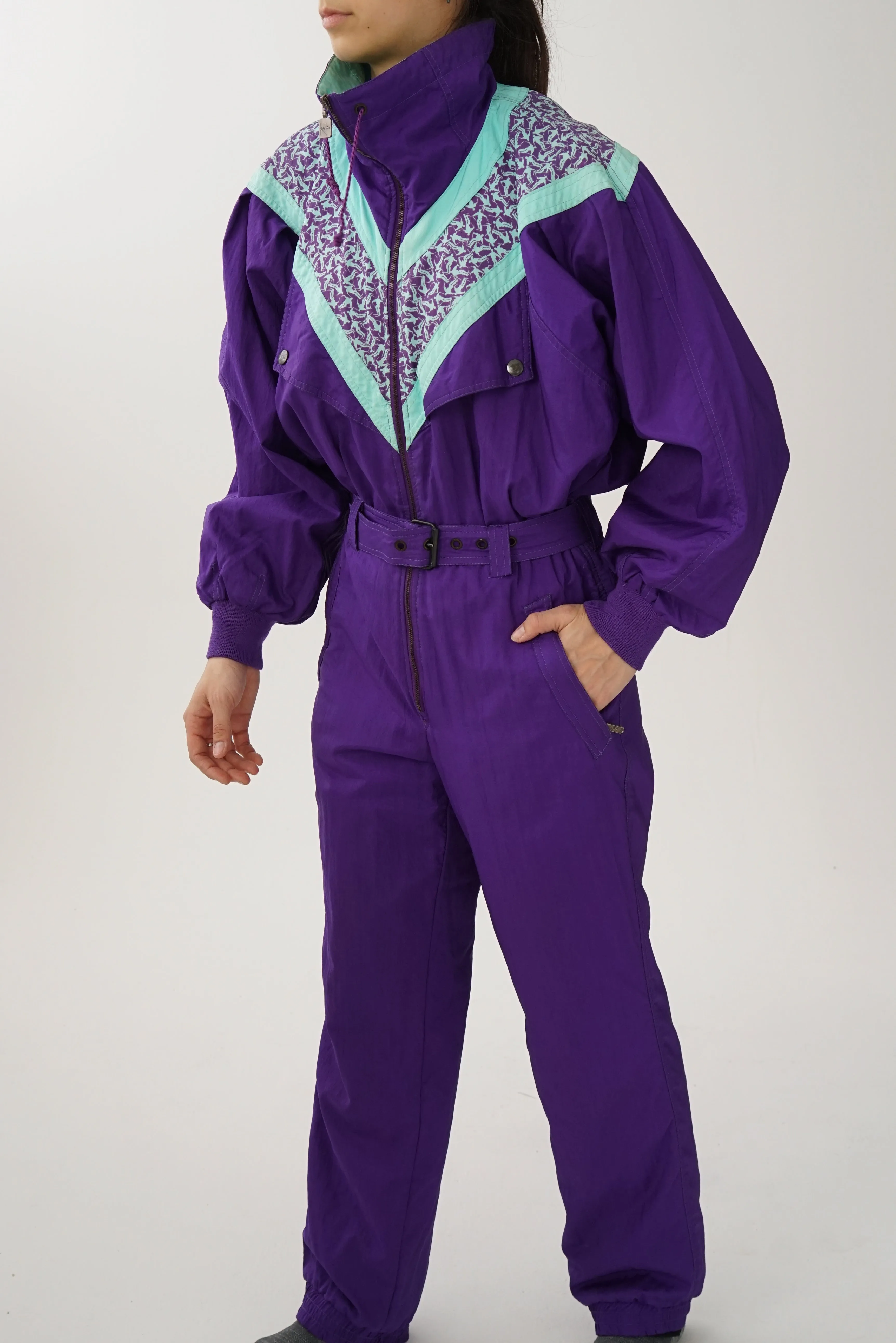 One piece vintage Kaelin Skiwear ski suit, snow suit léger mauve et turquoise unisex taille 8 (S-M)