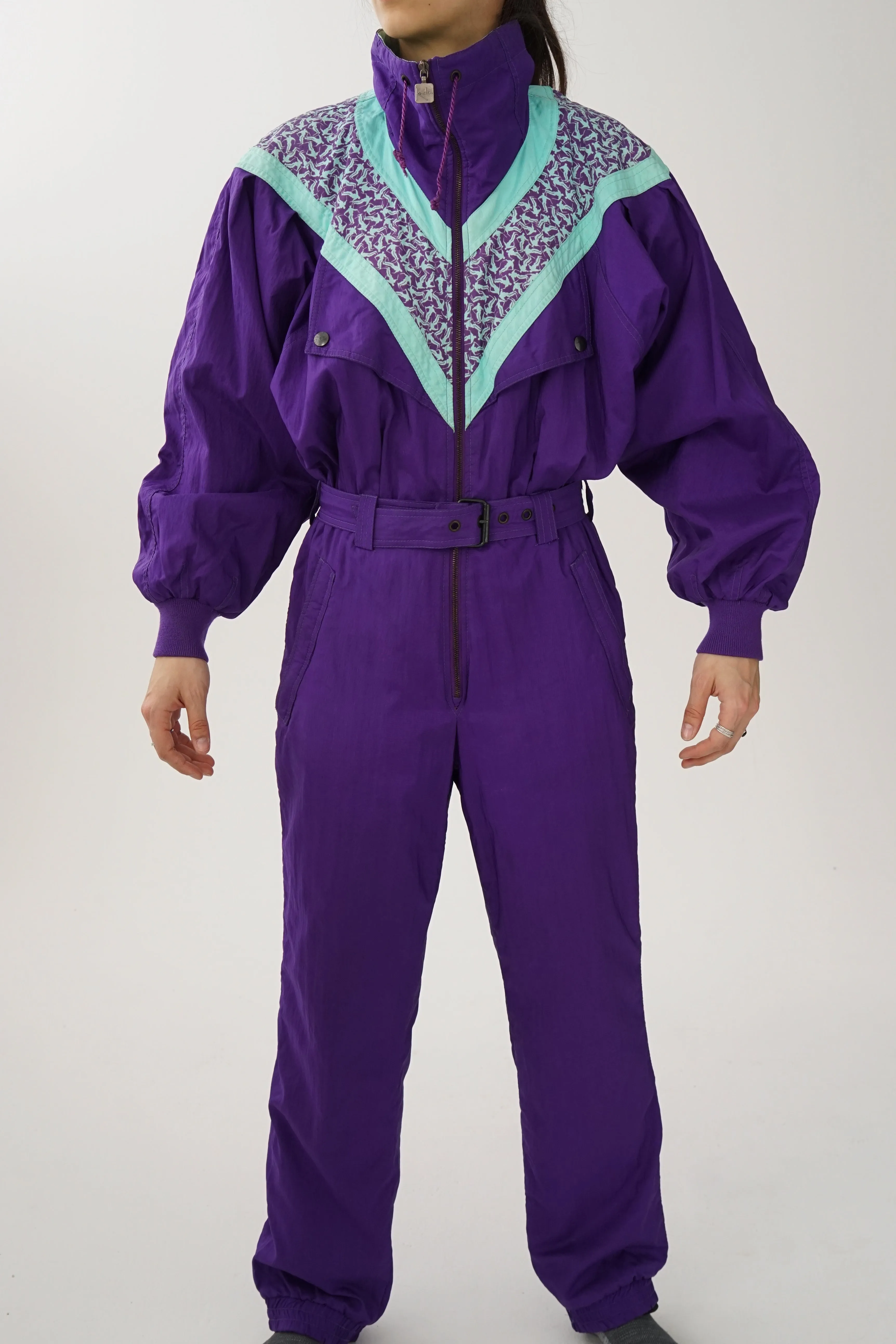 One piece vintage Kaelin Skiwear ski suit, snow suit léger mauve et turquoise unisex taille 8 (S-M)