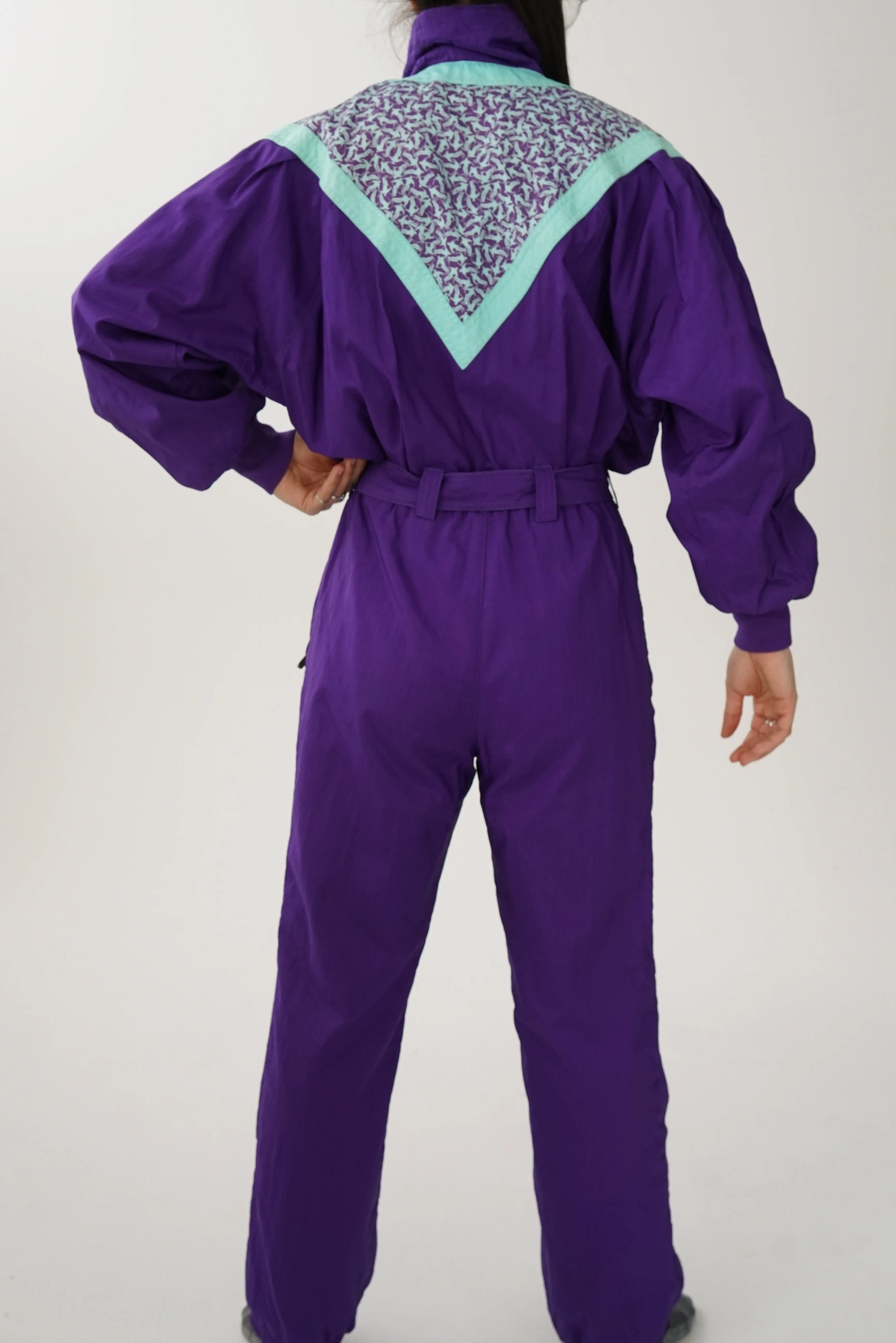 One piece vintage Kaelin Skiwear ski suit, snow suit léger mauve et turquoise unisex taille 8 (S-M)