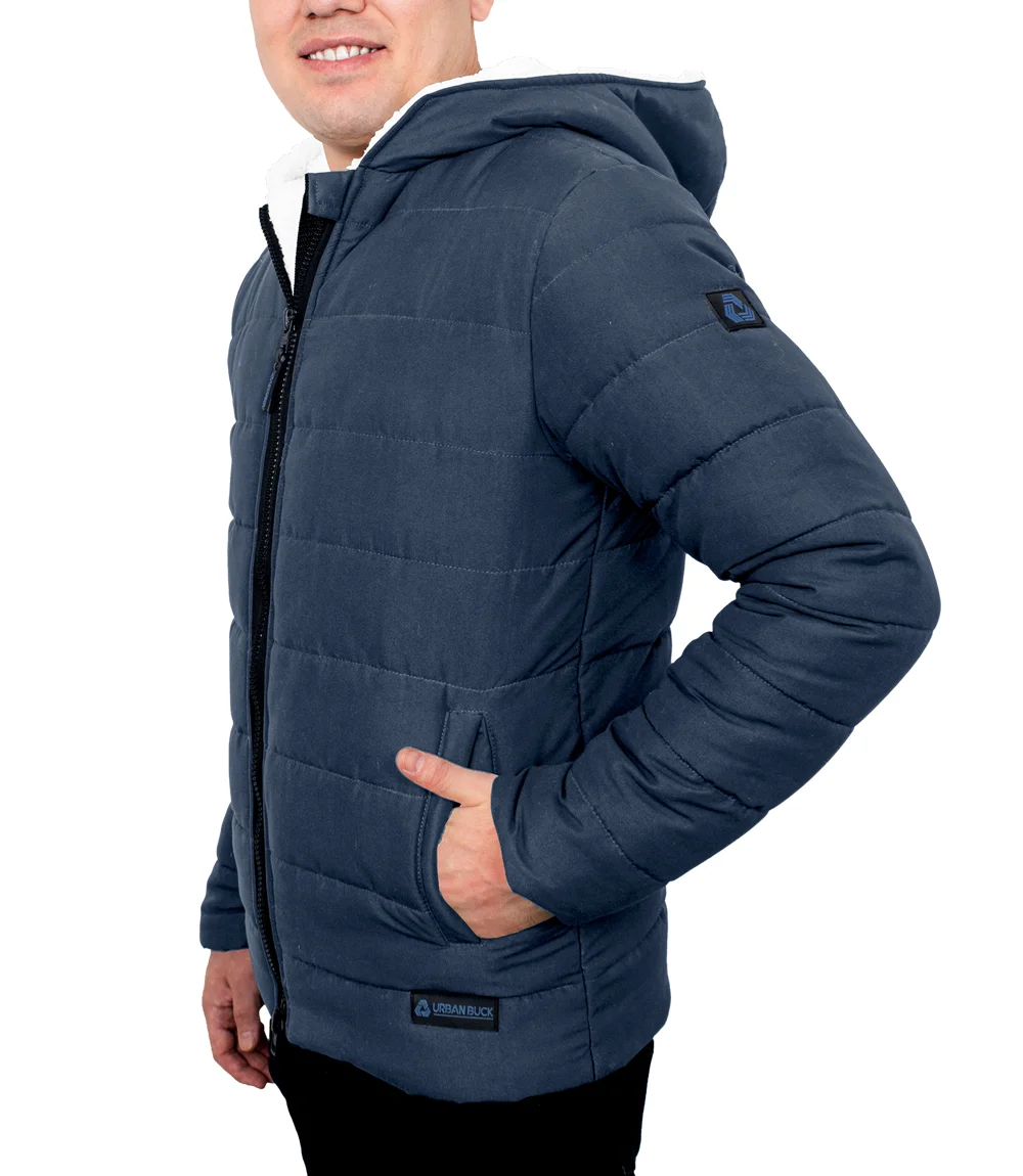 Wilfred Mens Blue Puffer Sherpa Jacket with Hood - Winter Wear