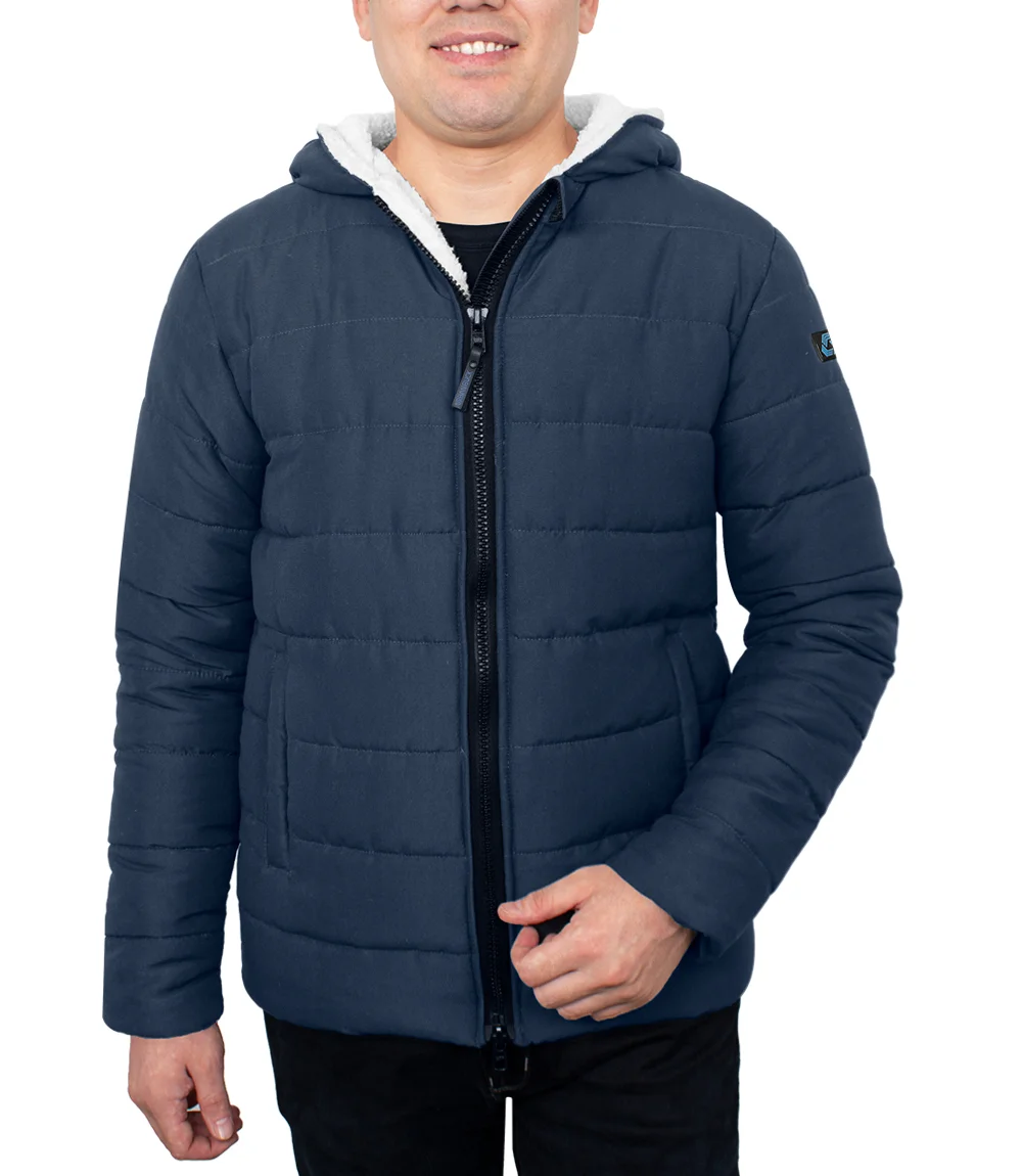 Wilfred Mens Blue Puffer Sherpa Jacket with Hood - Winter Wear