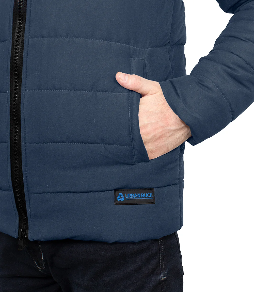 Wilfred Mens Blue Puffer Sherpa Jacket with Hood - Winter Wear