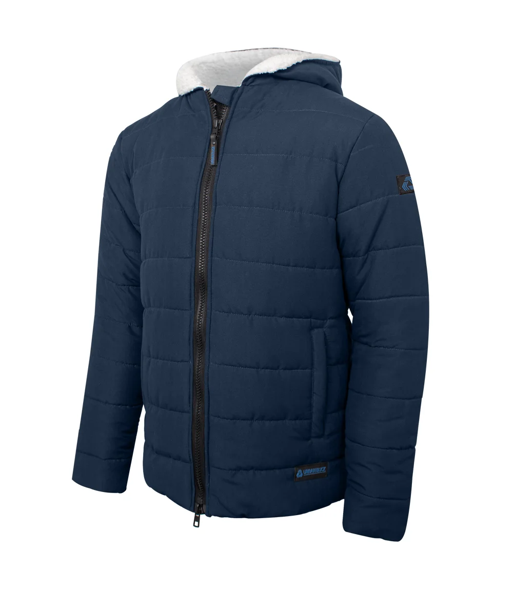 Wilfred Mens Blue Puffer Sherpa Jacket with Hood - Winter Wear