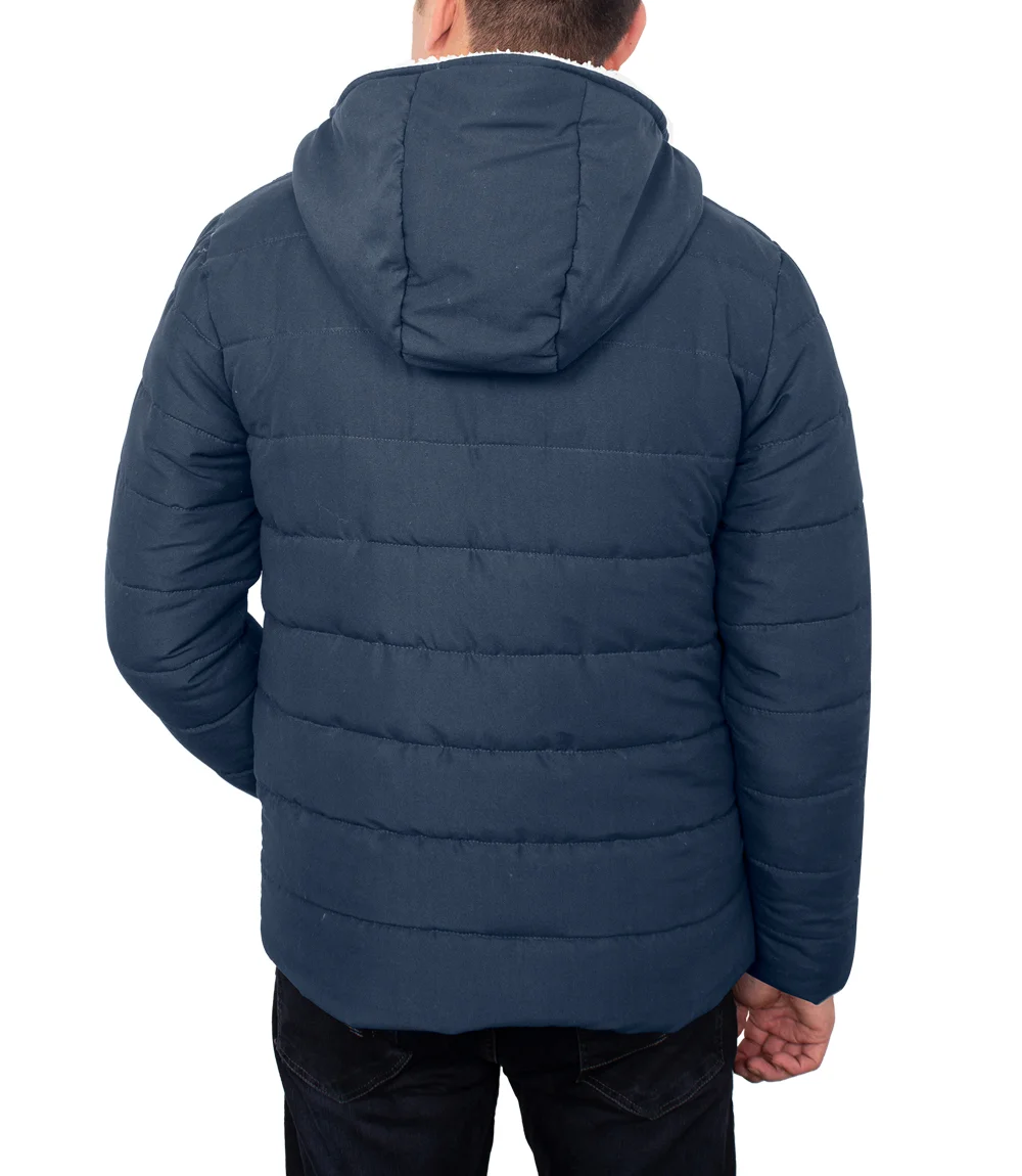 Wilfred Mens Blue Puffer Sherpa Jacket with Hood - Winter Wear