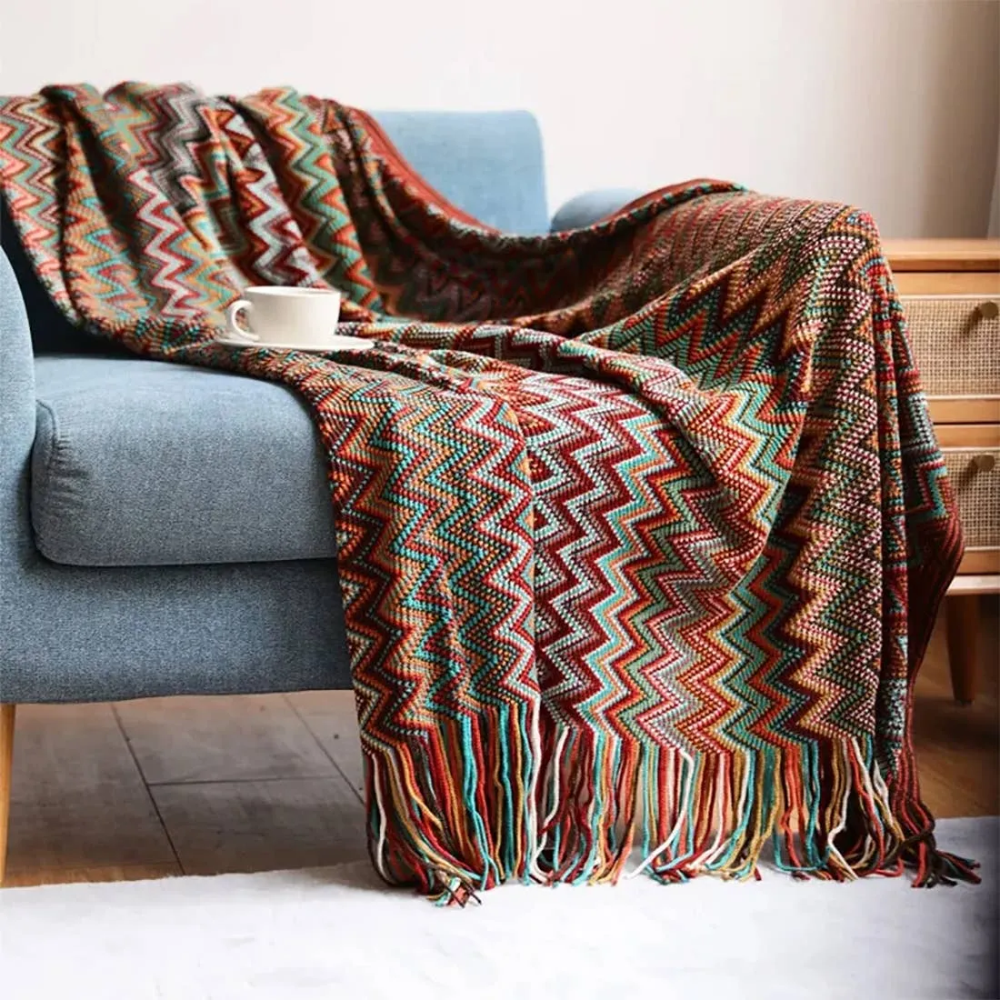 Zigzag Soft Boho Throw Blanket with Tassels