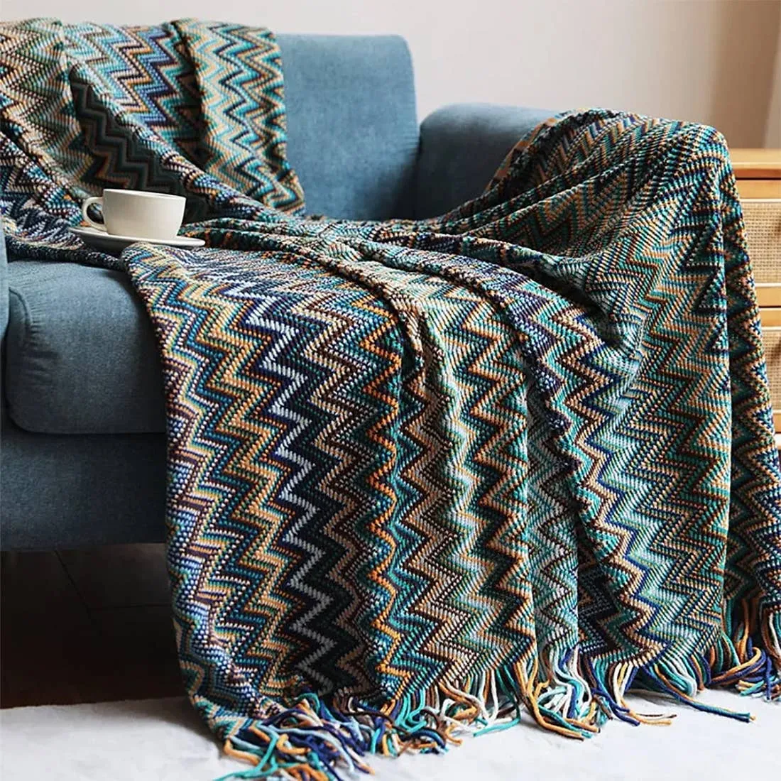 Zigzag Soft Boho Throw Blanket with Tassels