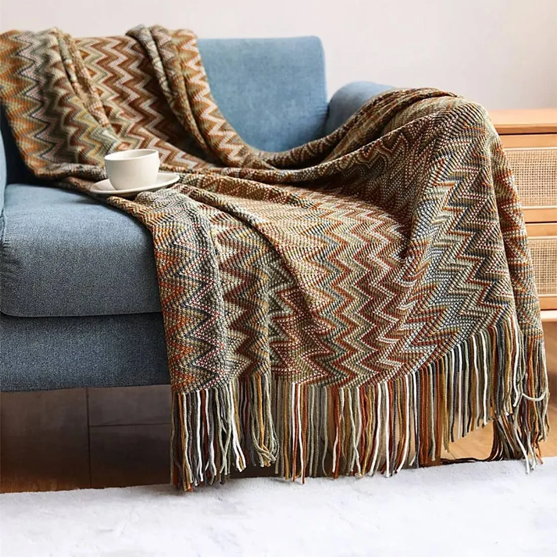 Zigzag Soft Boho Throw Blanket with Tassels