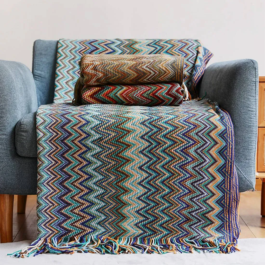 Zigzag Soft Boho Throw Blanket with Tassels